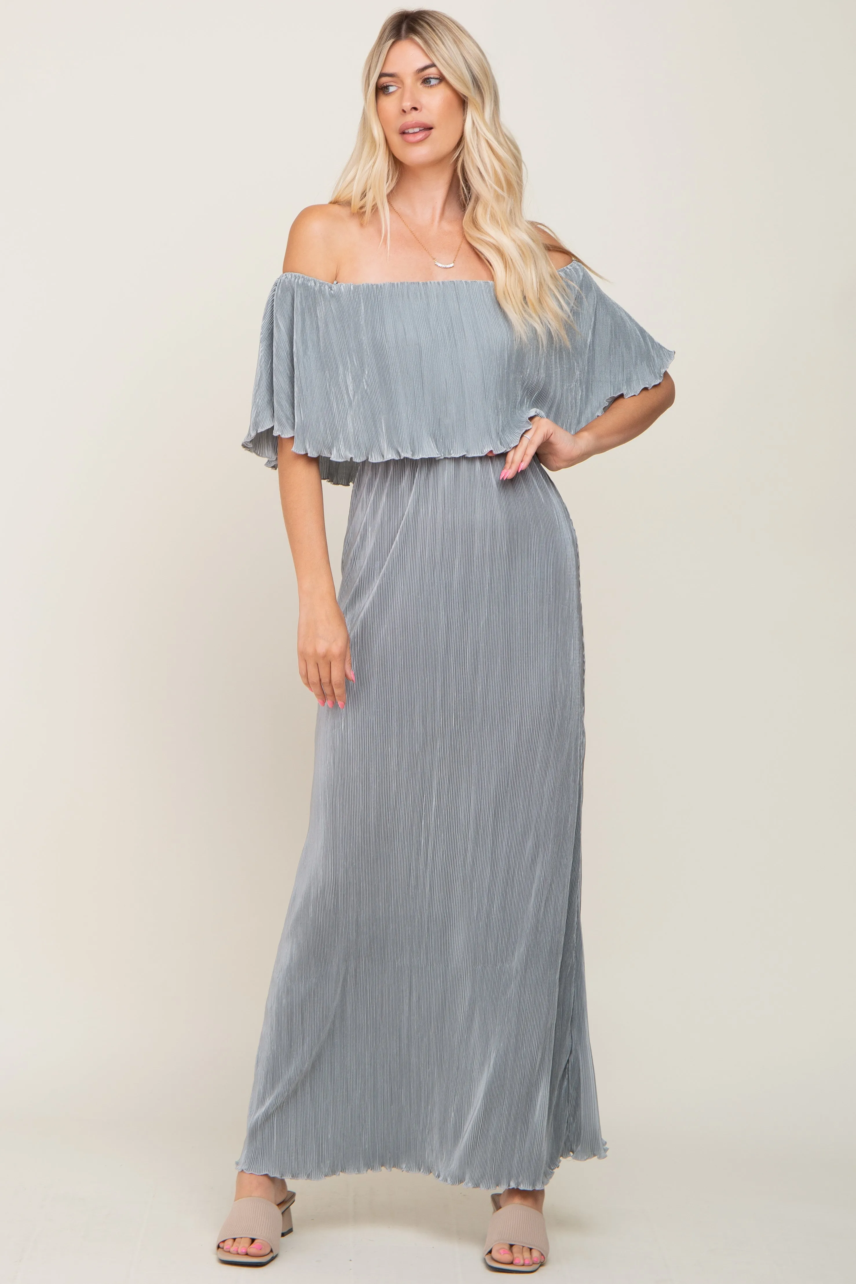 Sage Pleated Ruffle Off Shoulder Maternity Maxi Dress sold by Pinkblush product image thumbnail 4