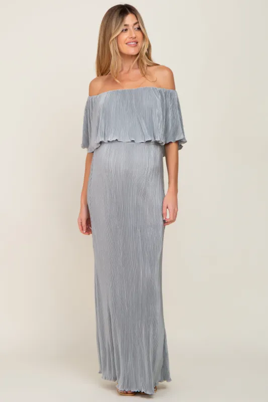 Sage Pleated Ruffle Off Shoulder Maternity Maxi Dress sold by Pinkblush