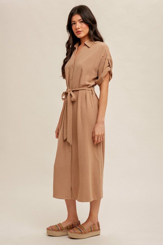 Taupe V-Neck Self Tie Belt Short Sleeve Shirt Dress sold by Pinkblush product image thumbnail 2