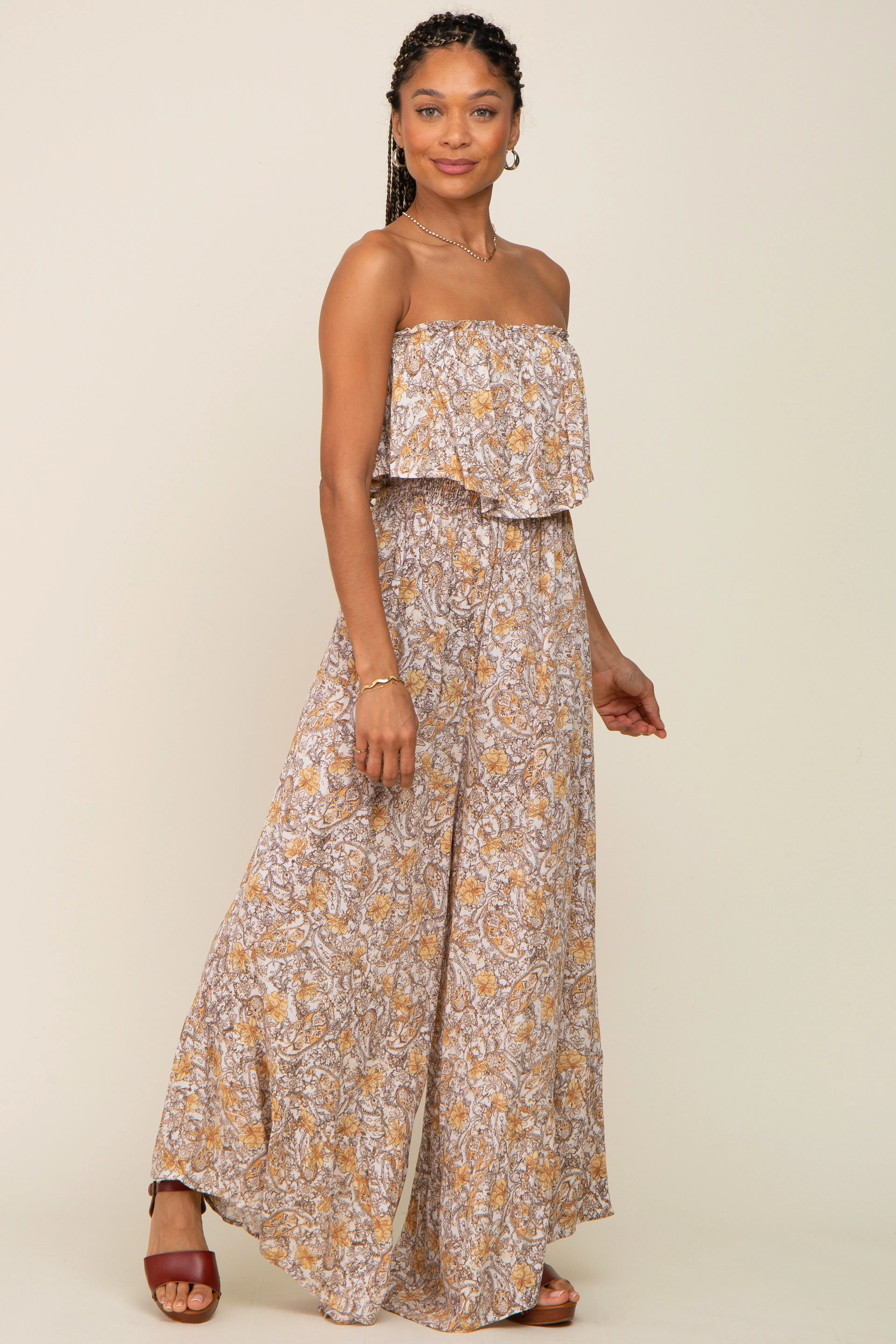 Taupe Paisley Ruffle Strapless Jumpsuit sold by Pinkblush product image thumbnail 4