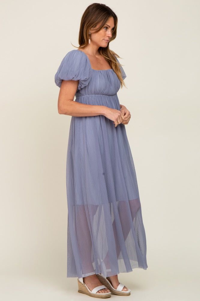 Blue Grey Pleated Puff Sleeve Maxi Dress sold by Pinkblush product image thumbnail 2