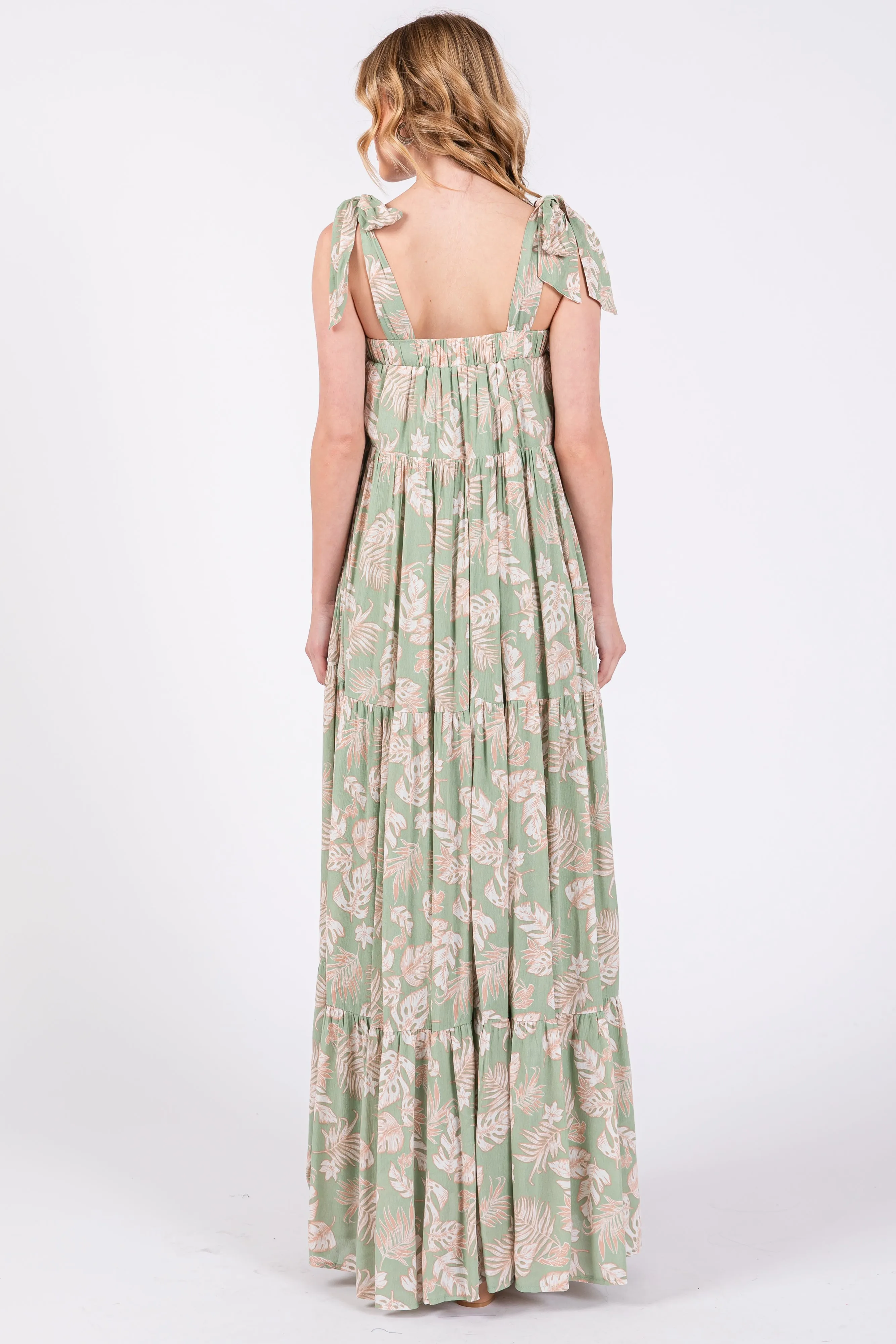 Leaf Printed Square Neckline Tie Strap Tiered Maxi Dress sold by Pinkblush product image thumbnail 3