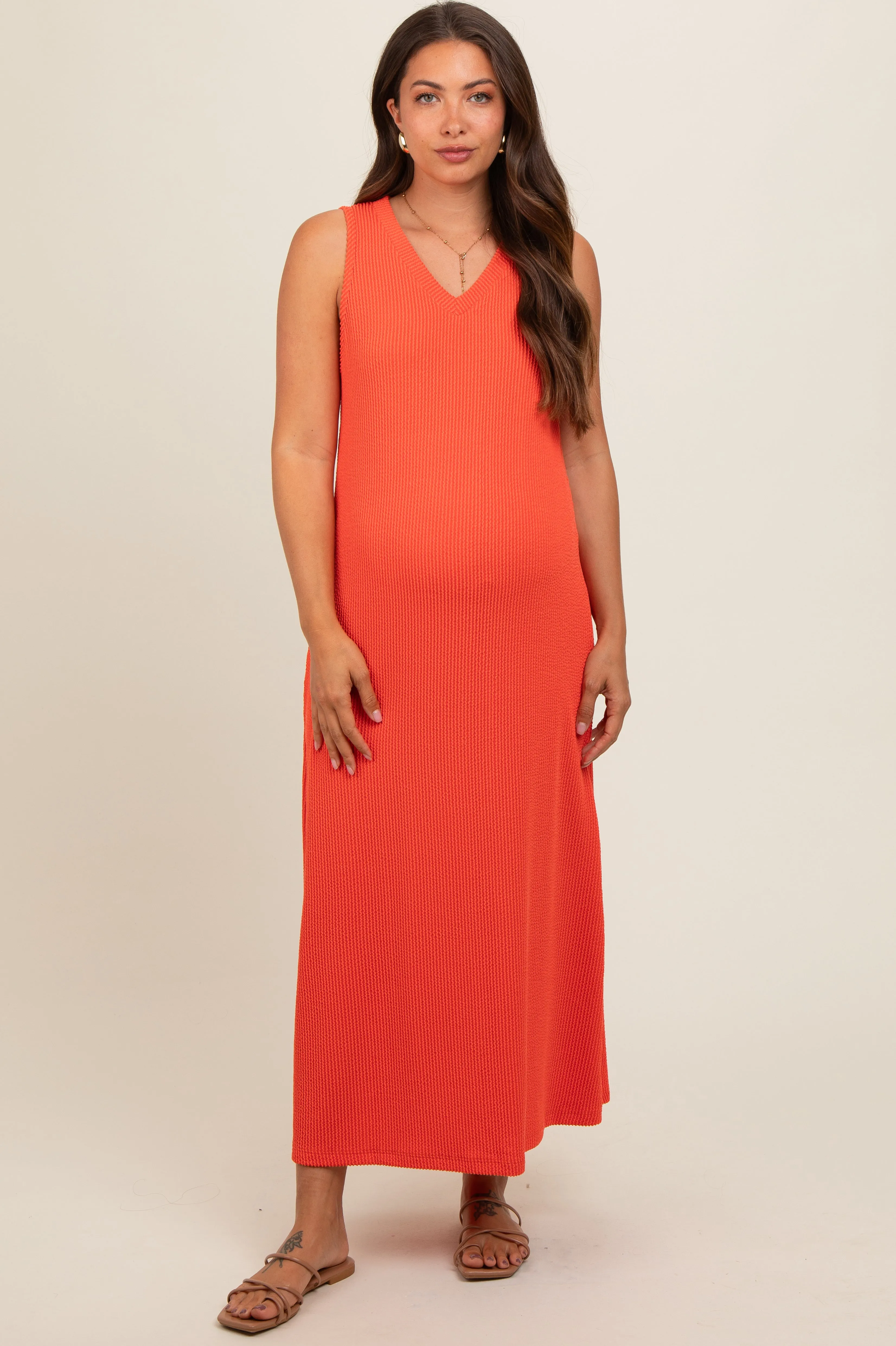 Orange Sleeveless Ribbed Maternity Maxi Dress sold by Pinkblush