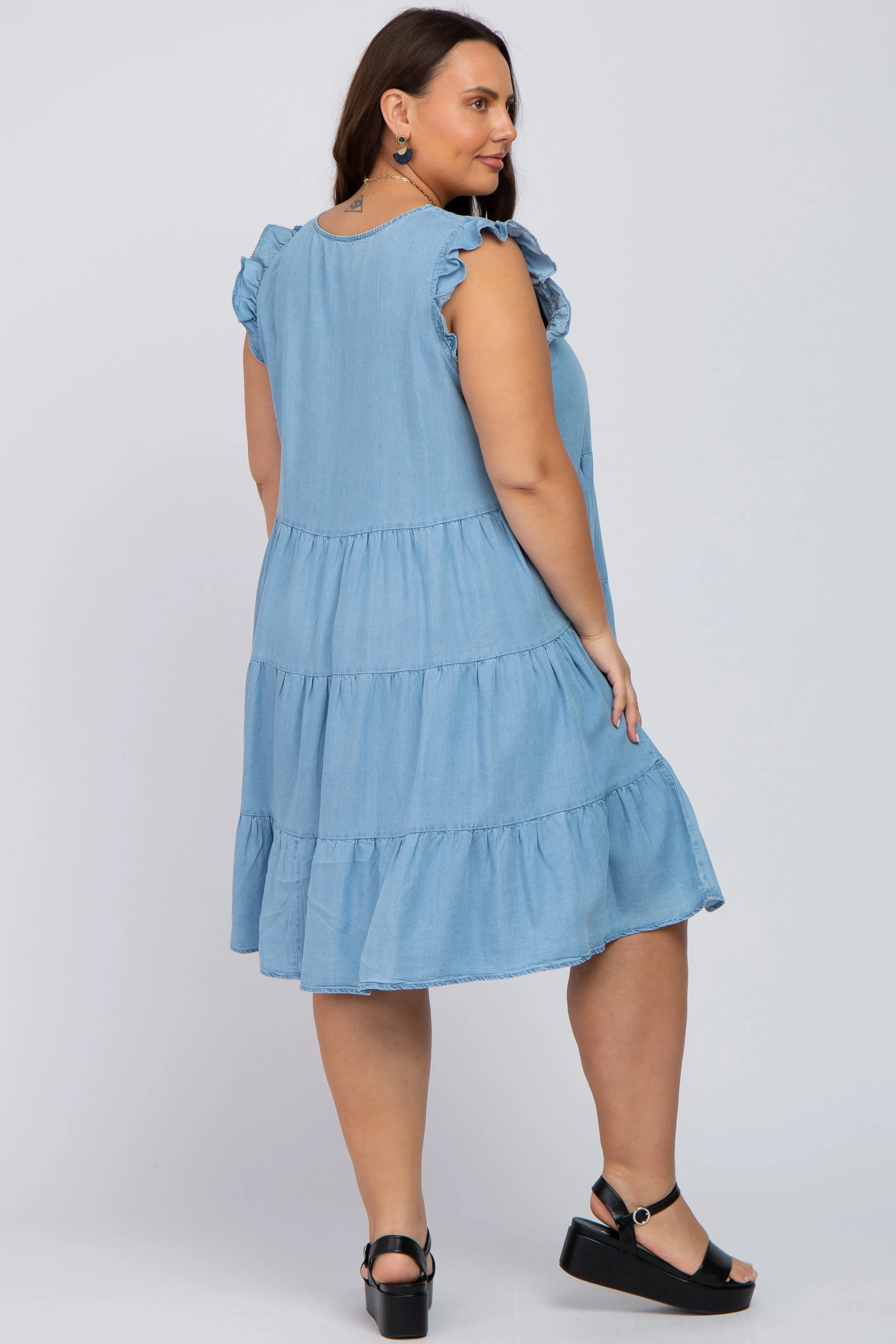 Light Blue Chambray Tiered Button Accent Plus Dress sold by Pinkblush product image thumbnail 3