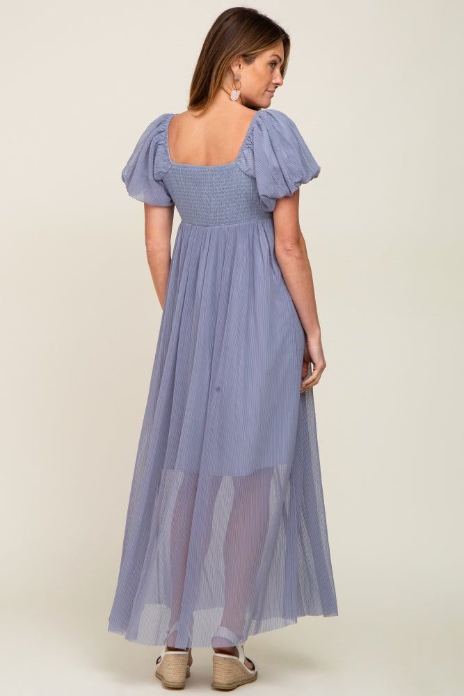 Blue Grey Pleated Puff Sleeve Maxi Dress sold by Pinkblush product image thumbnail 3