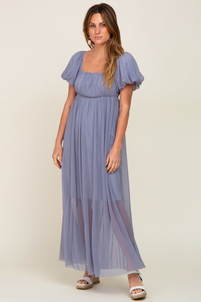 Blue Grey Pleated Puff Sleeve Maxi Dress sold by Pinkblush product image thumbnail 4