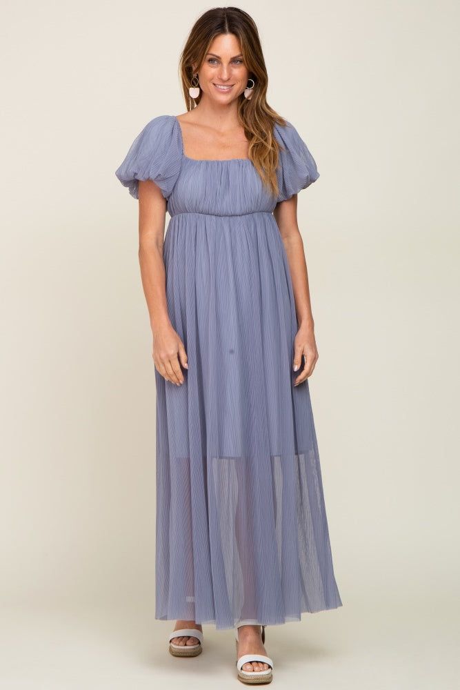 Blue Grey Pleated Puff Sleeve Maxi Dress sold by Pinkblush