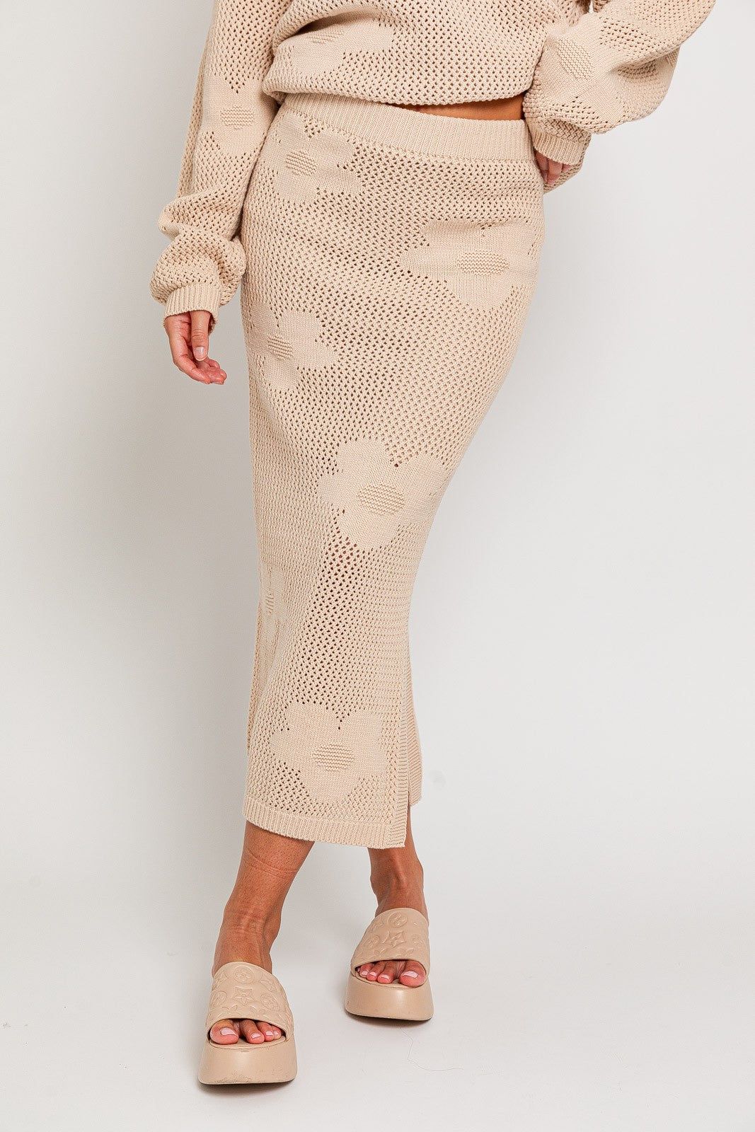 Khaki Floral Pattern Crochet Midi Skirt sold by Pinkblush product image thumbnail 2