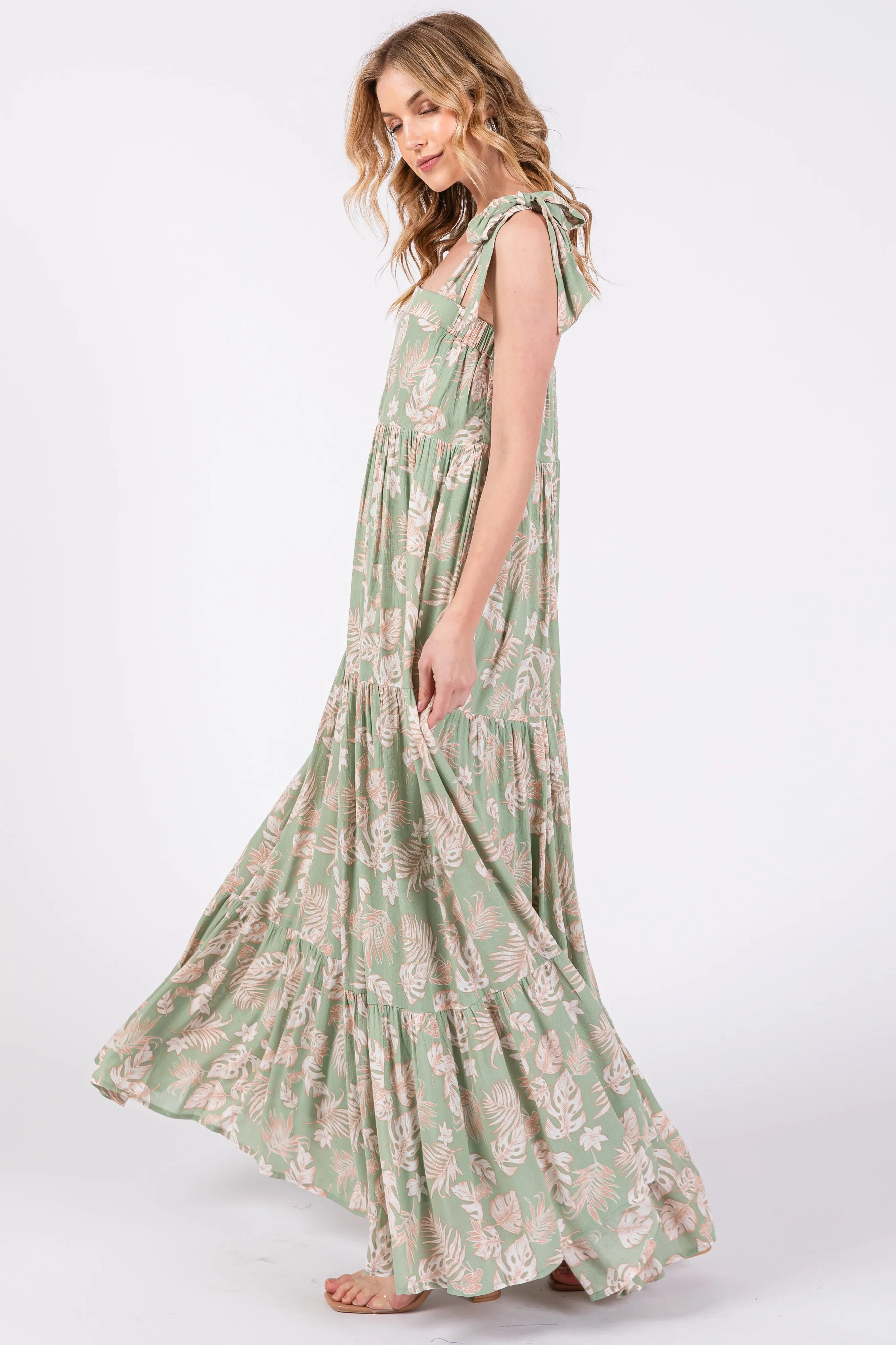 Leaf Printed Square Neckline Tie Strap Tiered Maxi Dress sold by Pinkblush product image thumbnail 2