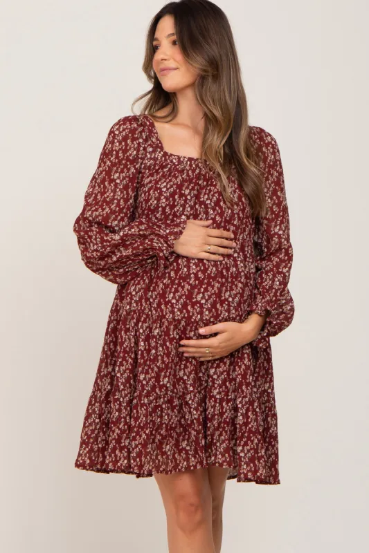 Burgundy Floral Pleated Tiered Maternity Dress sold by Pinkblush