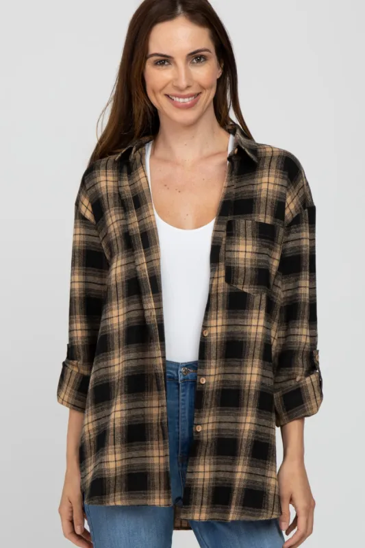 Taupe Black Plaid Button Down Top sold by Pinkblush