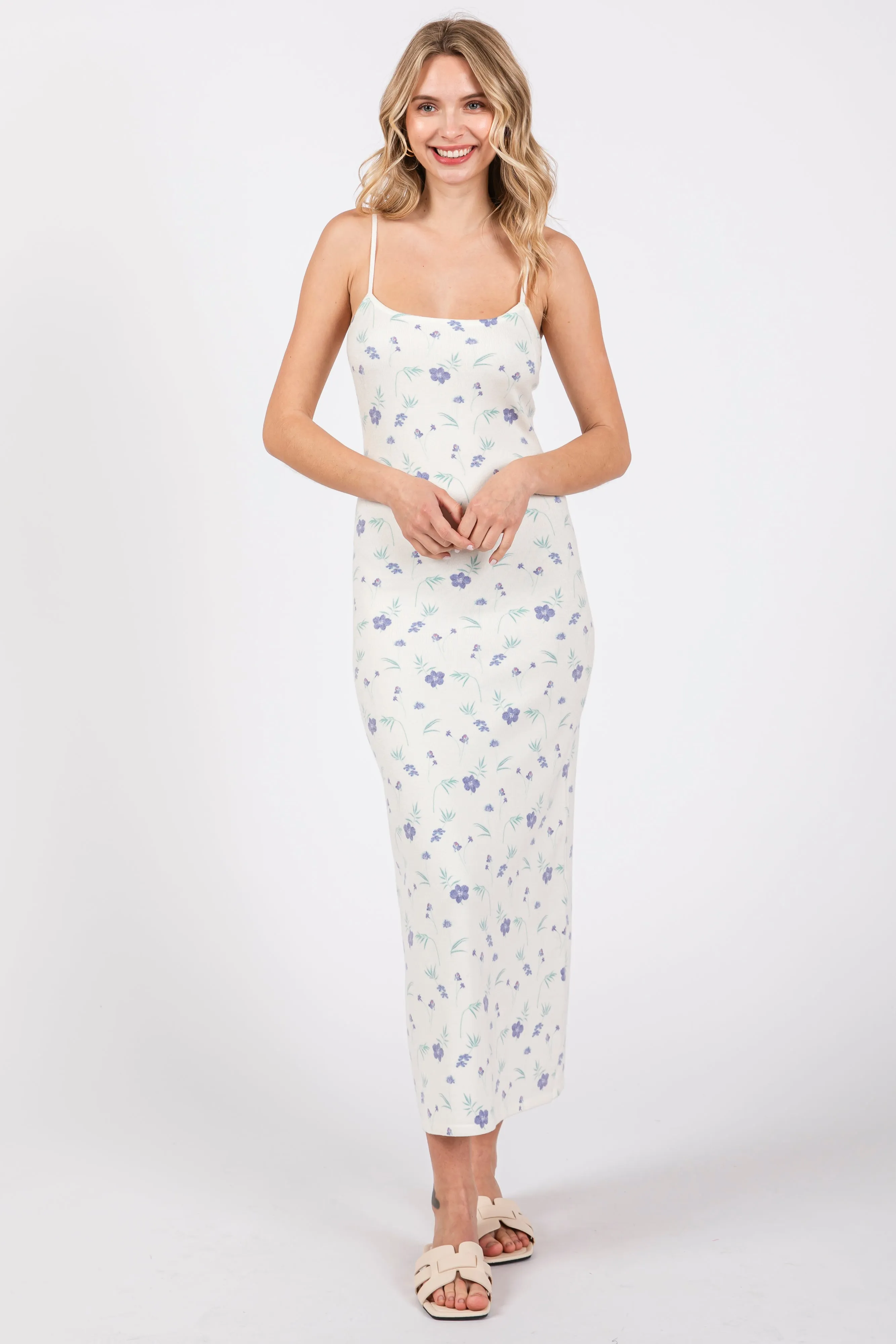 White Ultra Soft Knit Floral Sleeveless Midi Dress sold by Pinkblush product image thumbnail 2