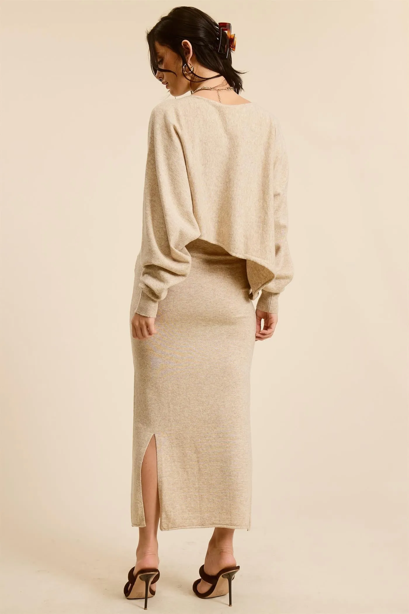Beige Knit Asymmetrical Top Midi Skirt Set sold by Pinkblush product image thumbnail 3