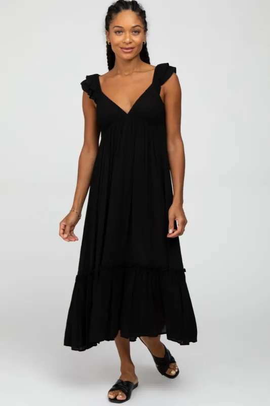 Black Ruffle Accent Midi Dress sold by Pinkblush