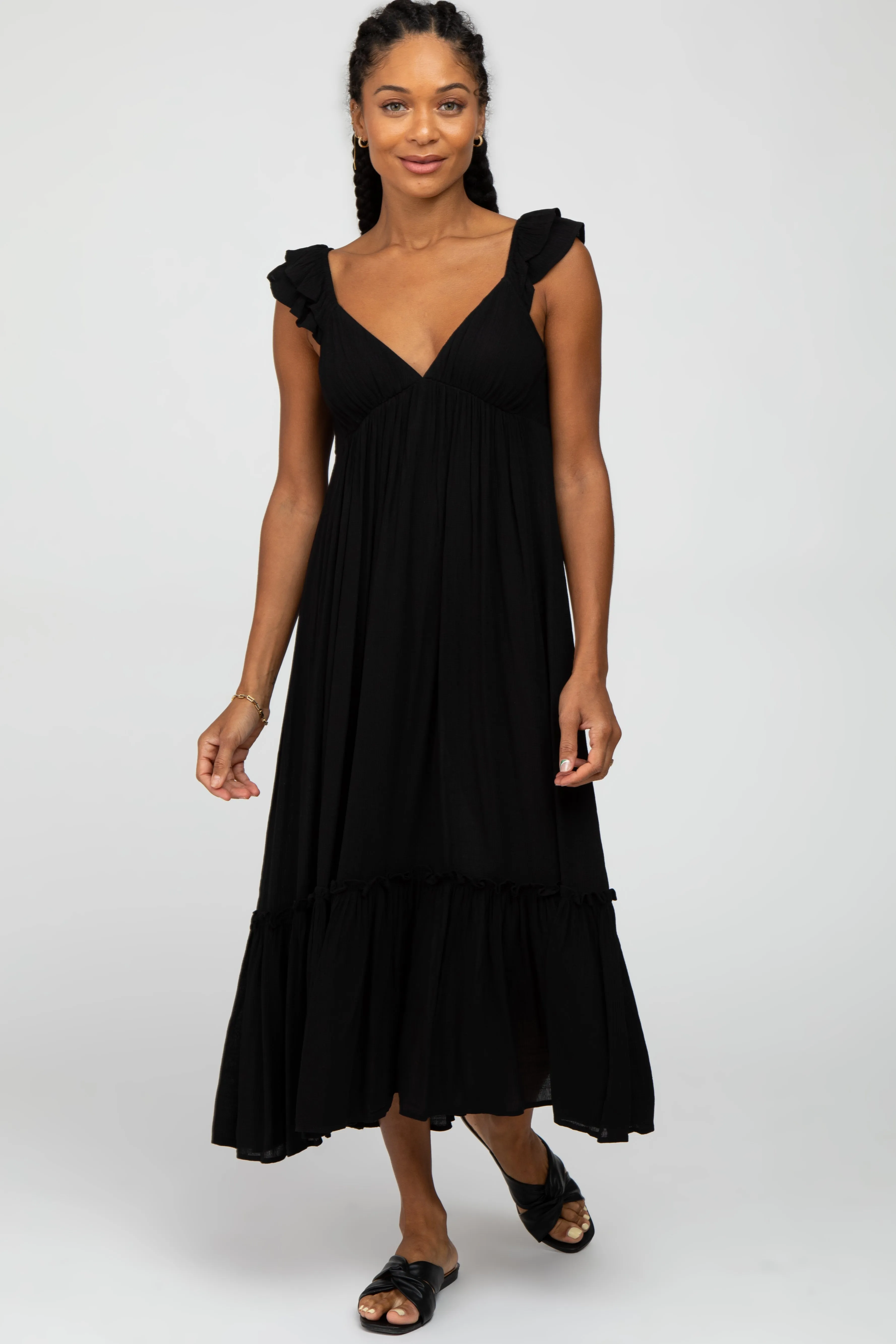 Black Ruffle Accent Midi Dress sold by Pinkblush