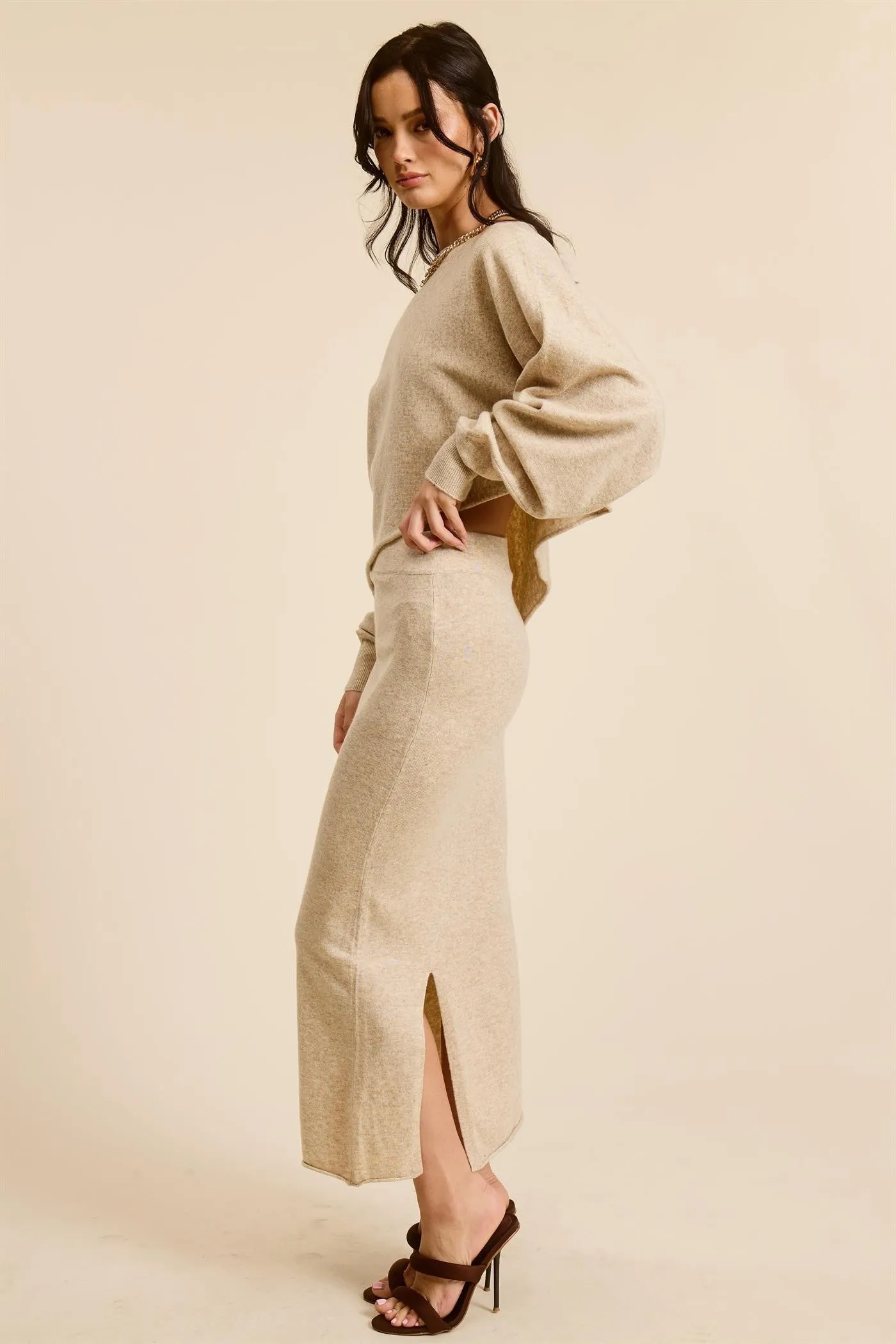 Beige Knit Asymmetrical Top Midi Skirt Set sold by Pinkblush product image thumbnail 2