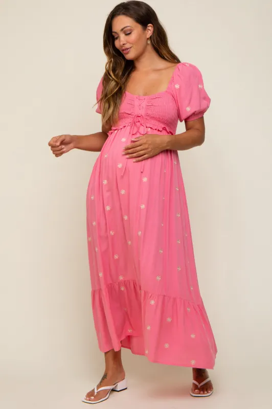 Pink Floral Embroidered Smocked Maternity Maxi Dress sold by Pinkblush