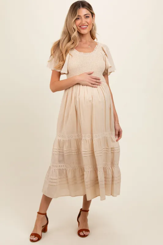 Cream Smocked Short Sleeve Maternity Midi Dress sold by Pinkblush