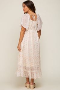 Cream Floral Crochet Trim Maternity Midi Dress sold by Pinkblush