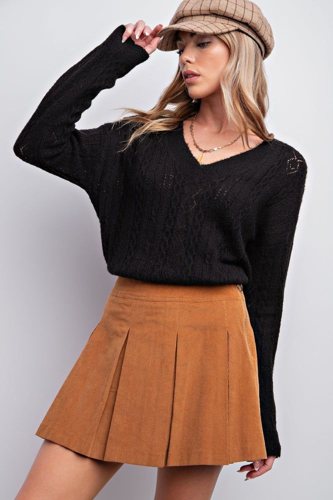 Camel Pleated Corduroy Mini Skirt sold by Pinkblush