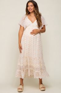 Cream Floral Crochet Trim Maternity Midi Dress sold by Pinkblush