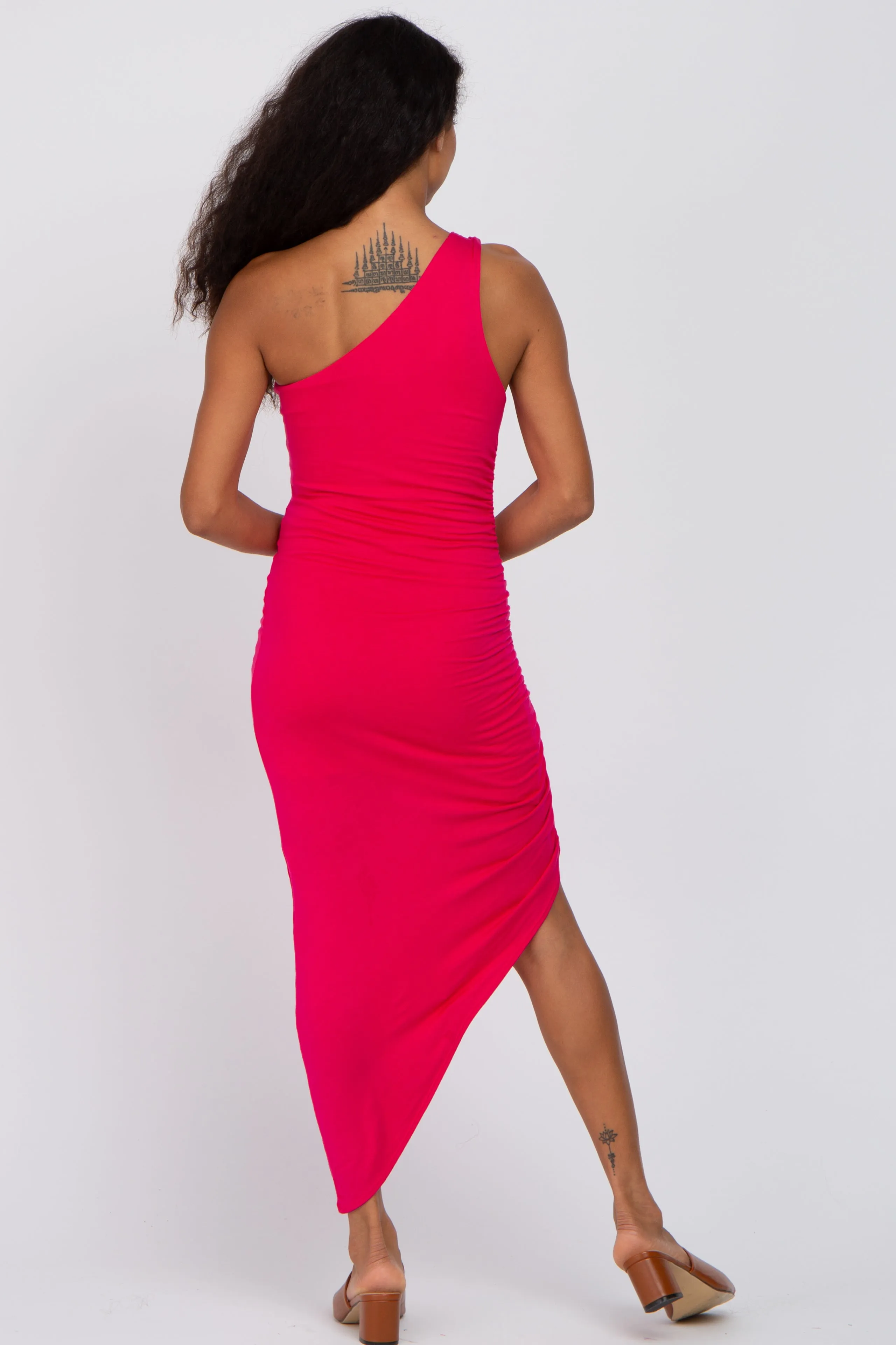 Fuchsia One Shoulder Ruched Asymmetrical Hem Dress sold by Pinkblush product image thumbnail 3
