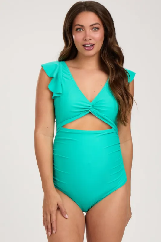 Aqua Cutout Flutter One Piece Maternity Swimsuit sold by Pinkblush