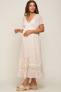 Cream Floral Crochet Trim Maternity Midi Dress sold by Pinkblush