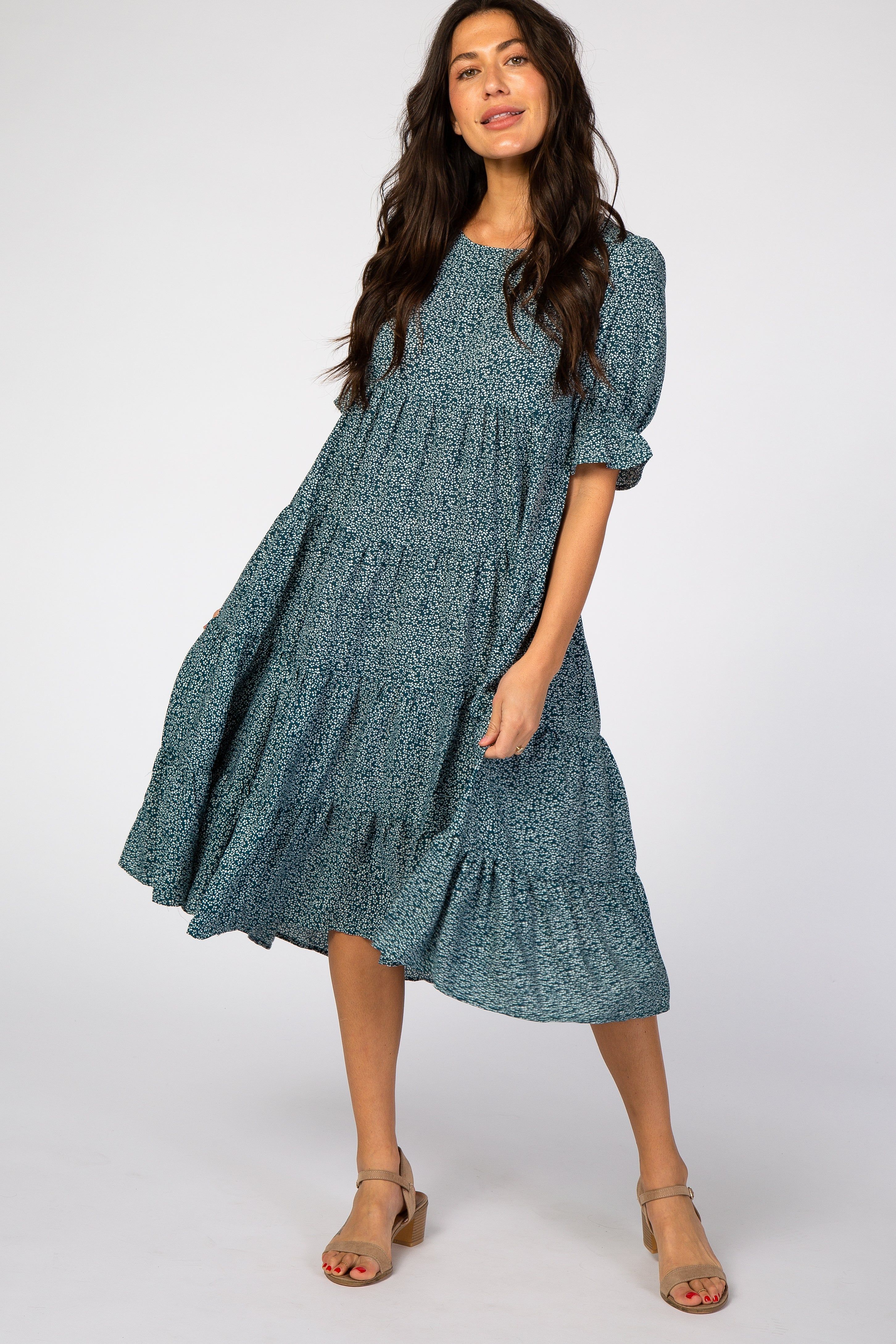 Teal Floral Tiered Midi Dress sold by Pinkblush