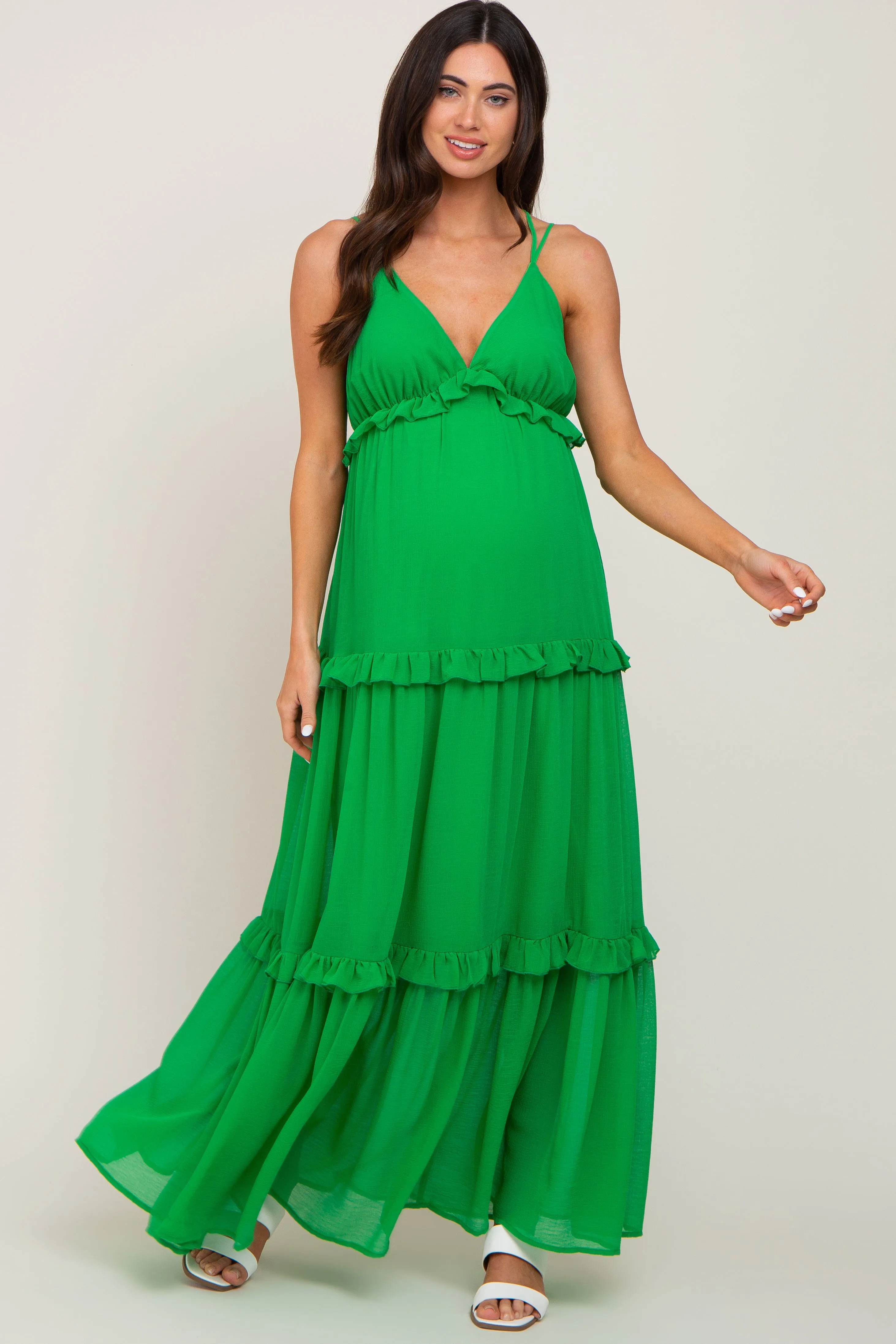 Green Ruffle Tier Cross Back Maternity Maxi Dress sold by Pinkblush product image thumbnail 4