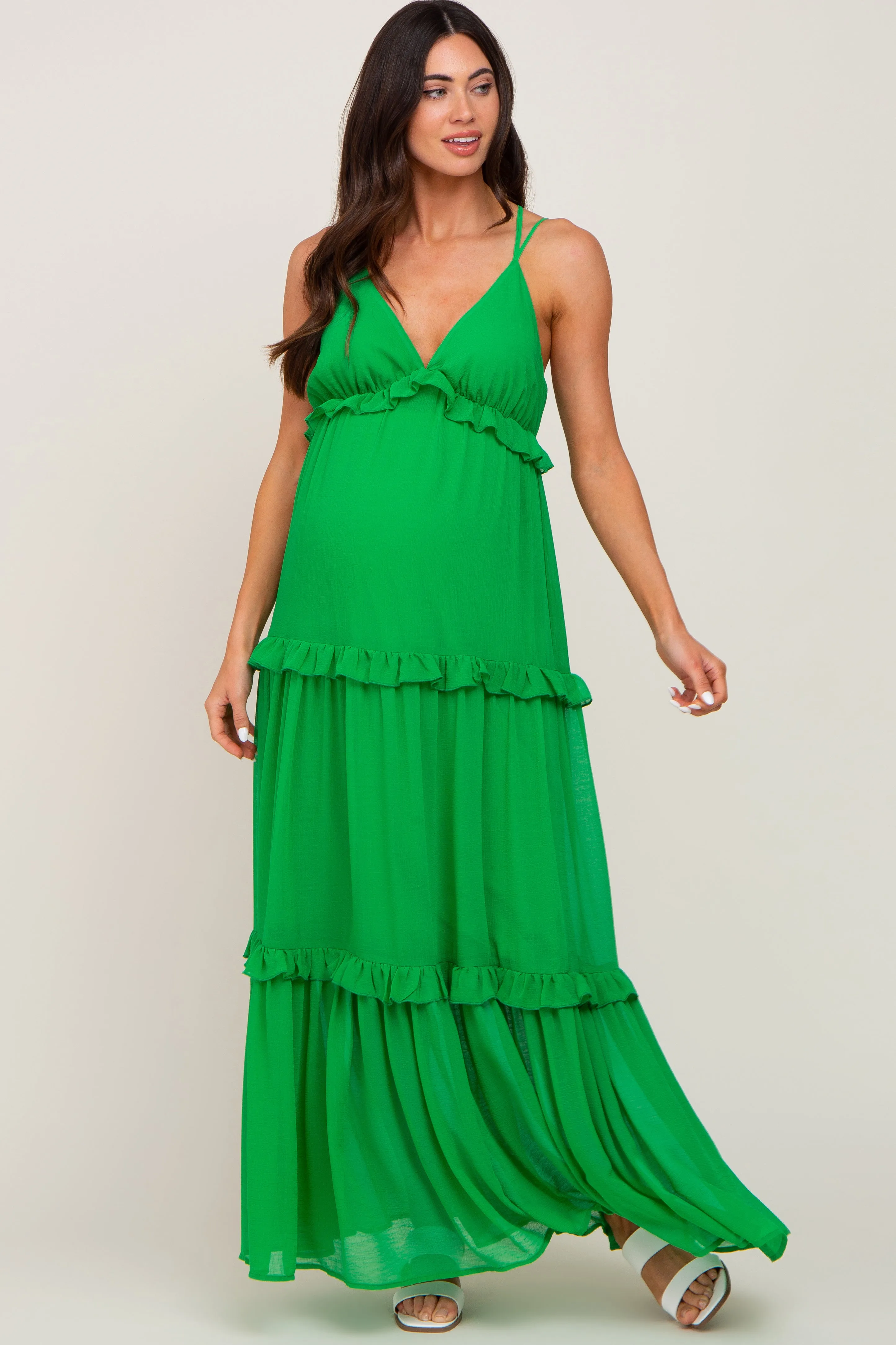 Green Ruffle Tier Cross Back Maternity Maxi Dress sold by Pinkblush