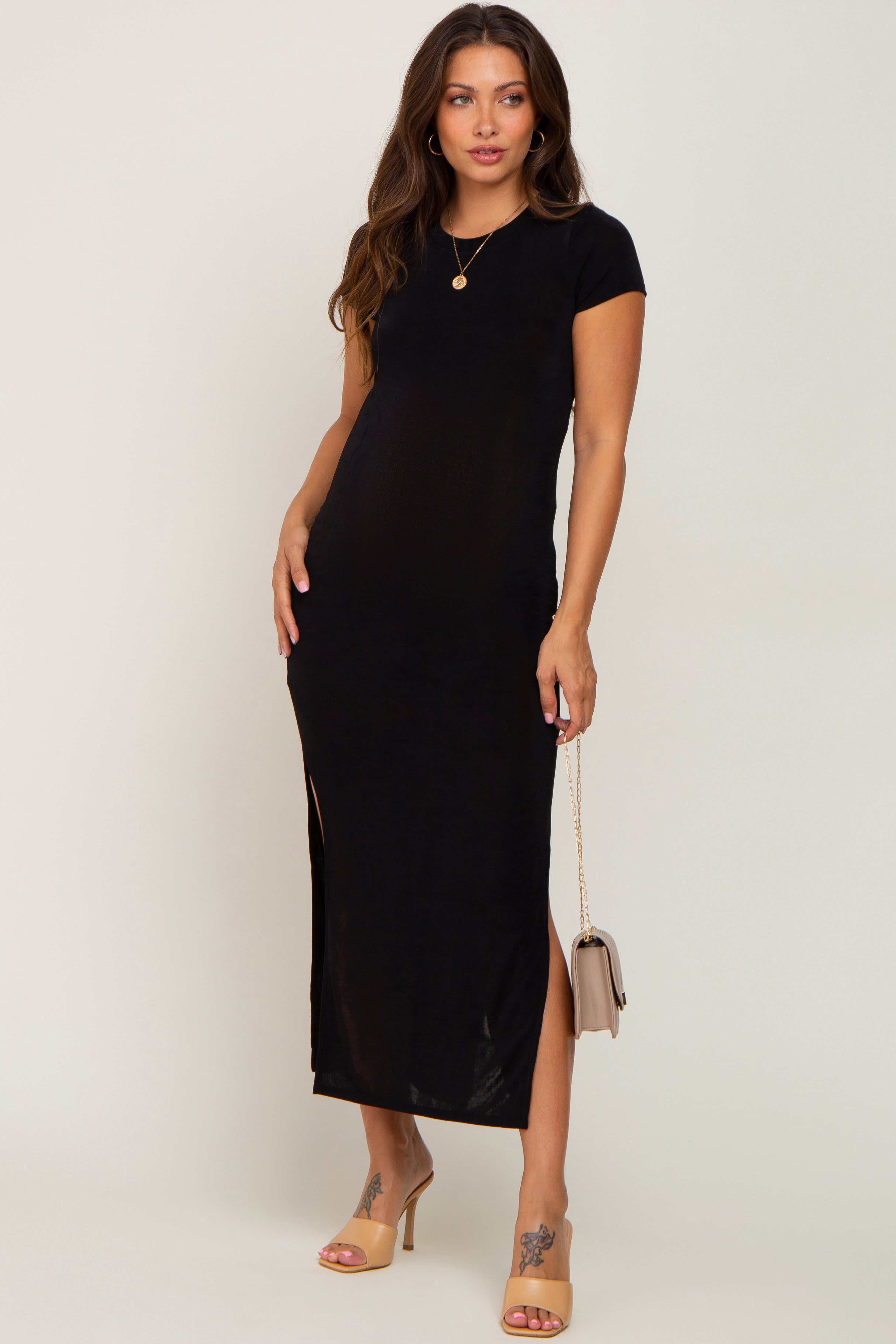 Black Short Sleeve Side Slit Maternity Maxi Dress sold by Pinkblush