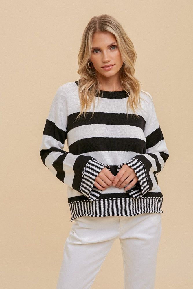 Black White Stripe Mixed Boxy Sweater Pullover sold by Pinkblush