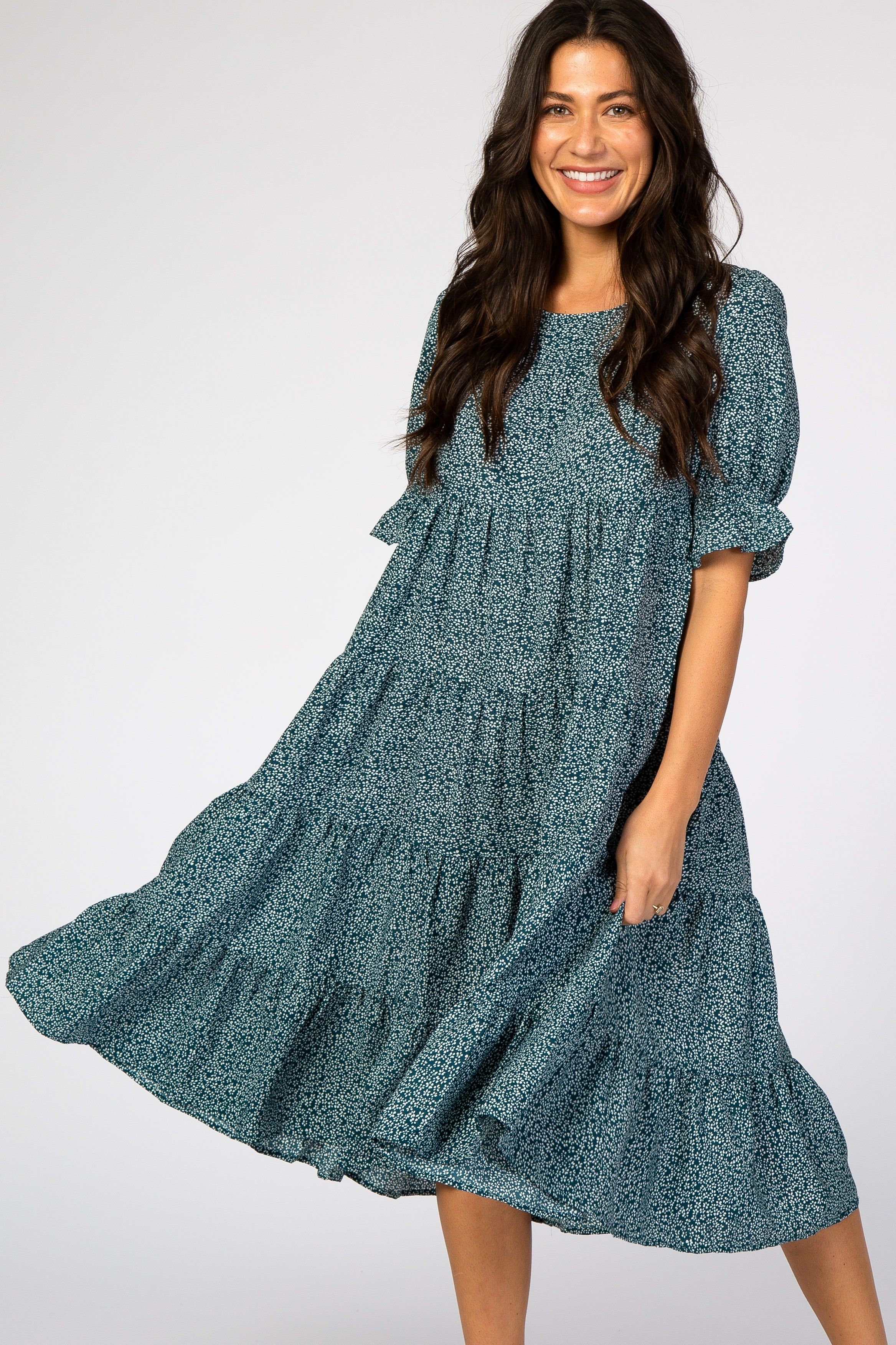 Teal Floral Tiered Midi Dress sold by Pinkblush product image thumbnail 2