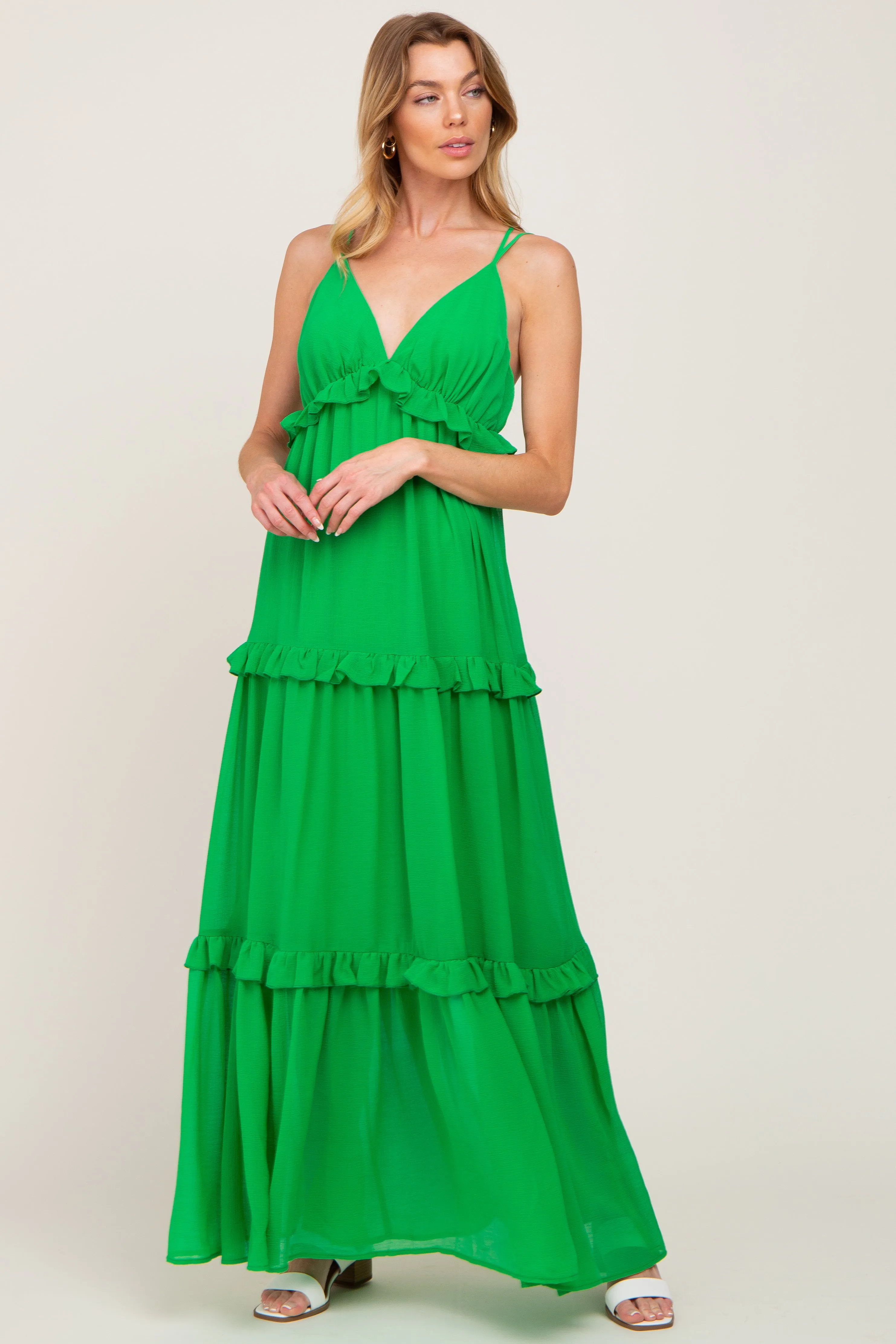 Green Ruffle Tier Cross Back Maternity Maxi Dress sold by Pinkblush product image thumbnail 5