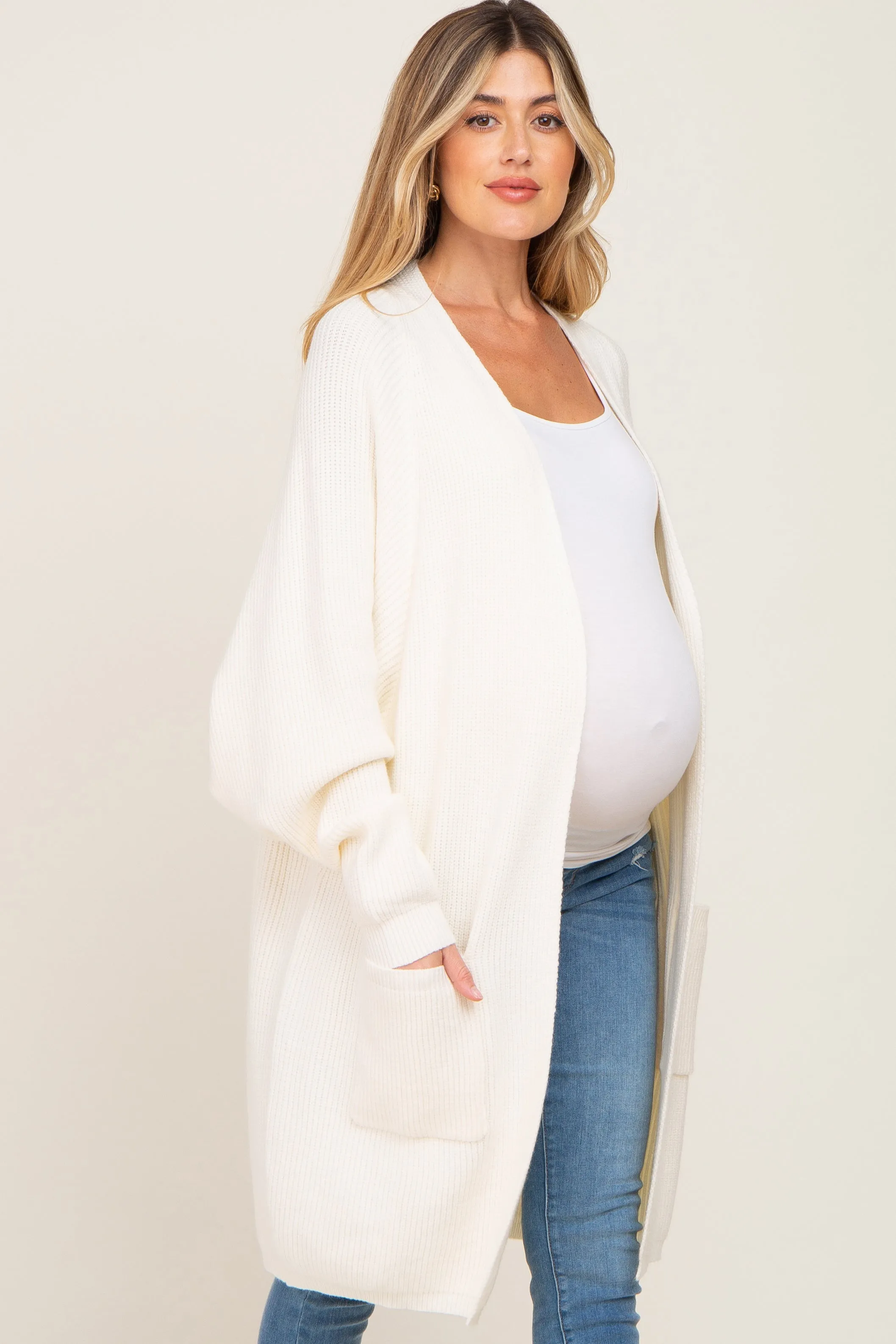 Cream Pocketed Knit Maternity Cardigan sold by Pinkblush
