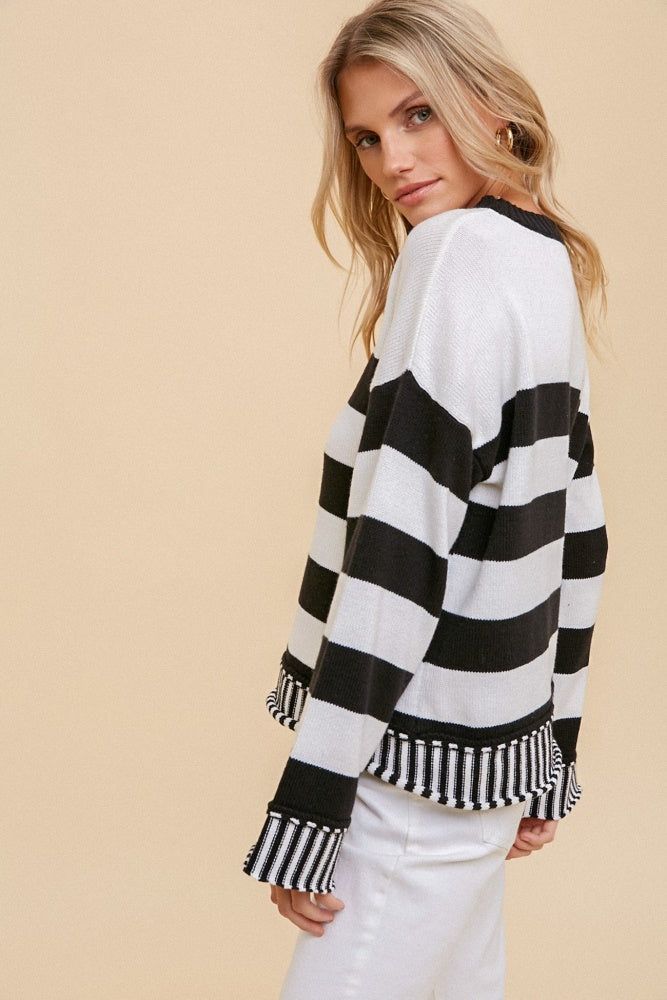 Black White Stripe Mixed Boxy Sweater Pullover sold by Pinkblush product image thumbnail 2