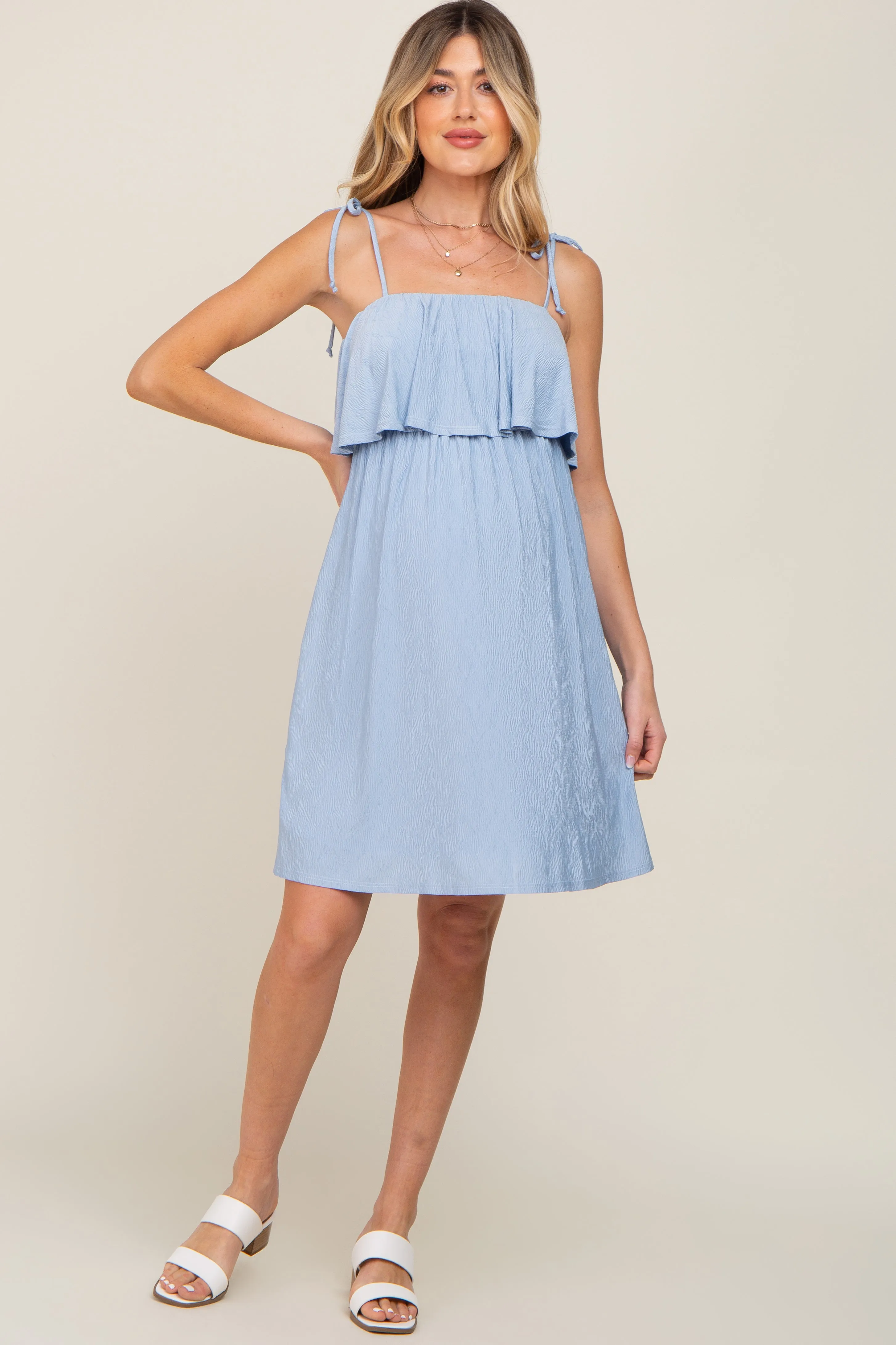 Light Blue Ruffle Overlay Shoulder Tie Maternity Dress sold by Pinkblush product image thumbnail 4