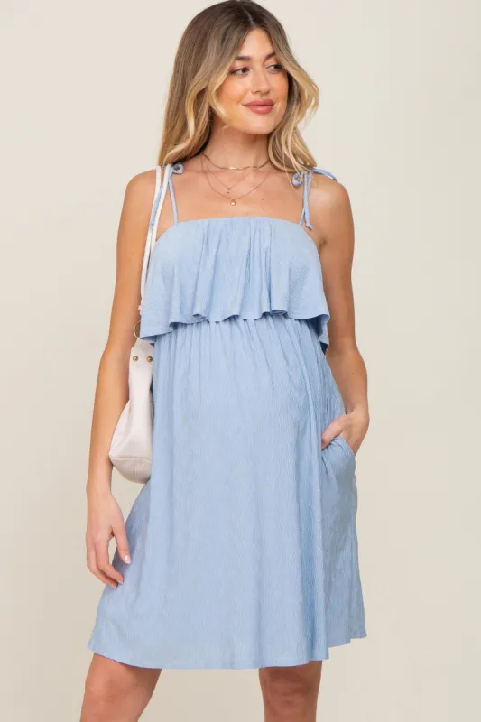 Light Blue Ruffle Overlay Shoulder Tie Maternity Dress sold by Pinkblush