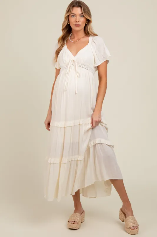 Cream Crochet Lace Tiered Ruffle Maternity Maxi Dress sold by Pinkblush