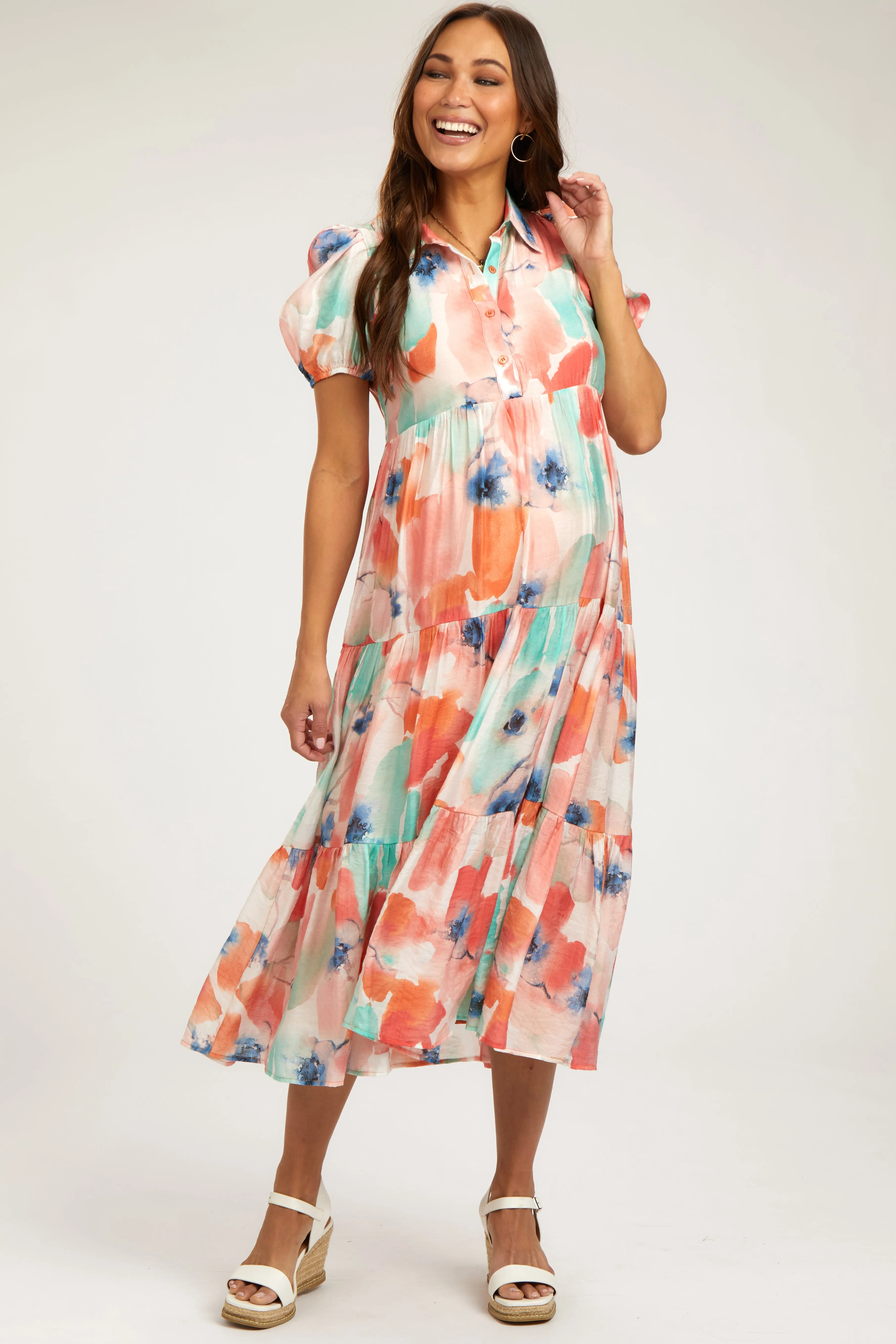 Aqua Floral Button Front Short Sleeve Tiered Maternity Midi Dress sold by Pinkblush product image thumbnail 2