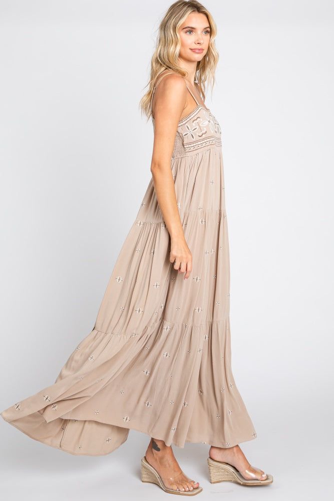 Light Mocha Floral Embroidered Tiered Maxi Dress sold by Pinkblush product image thumbnail 2