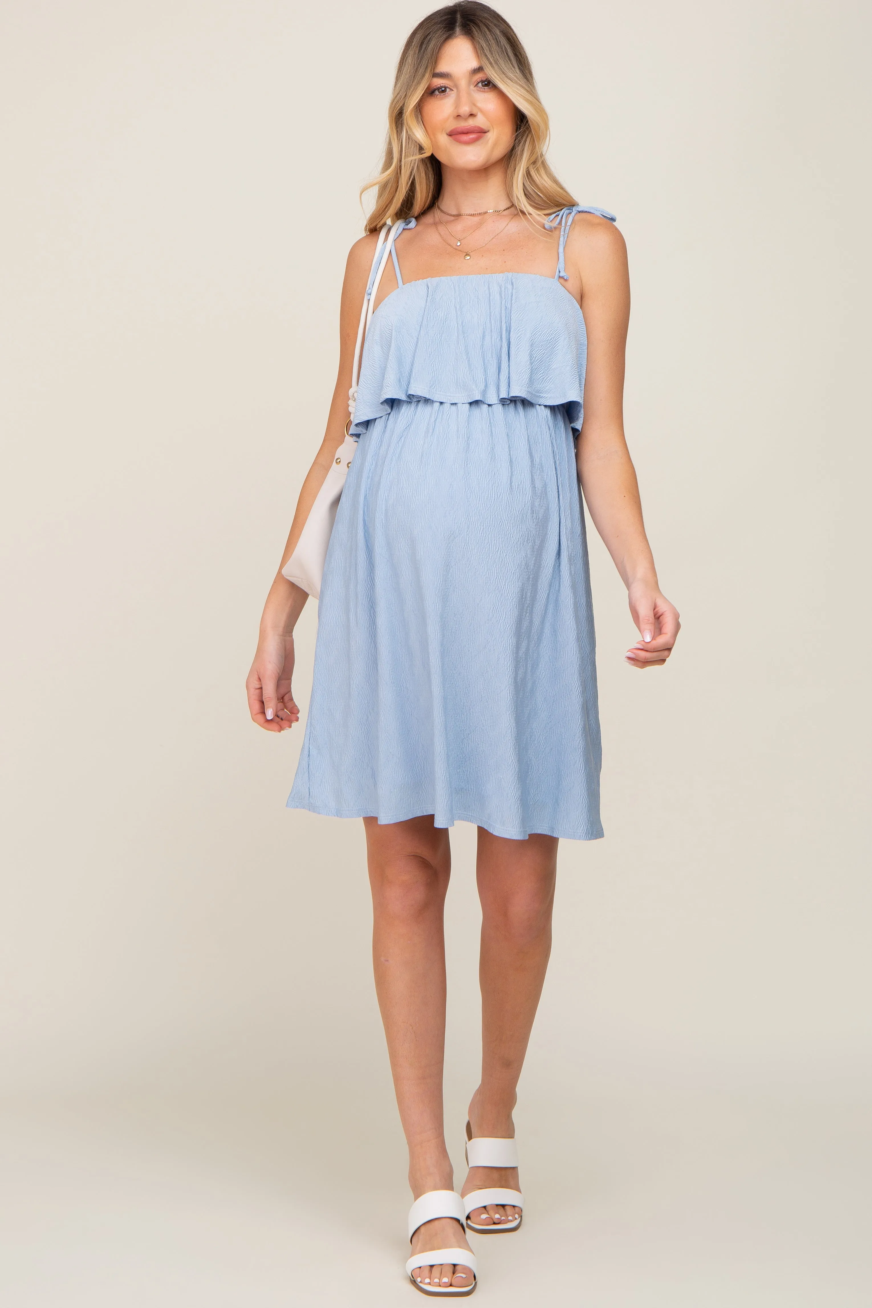 Light Blue Ruffle Overlay Shoulder Tie Maternity Dress sold by Pinkblush product image thumbnail 5