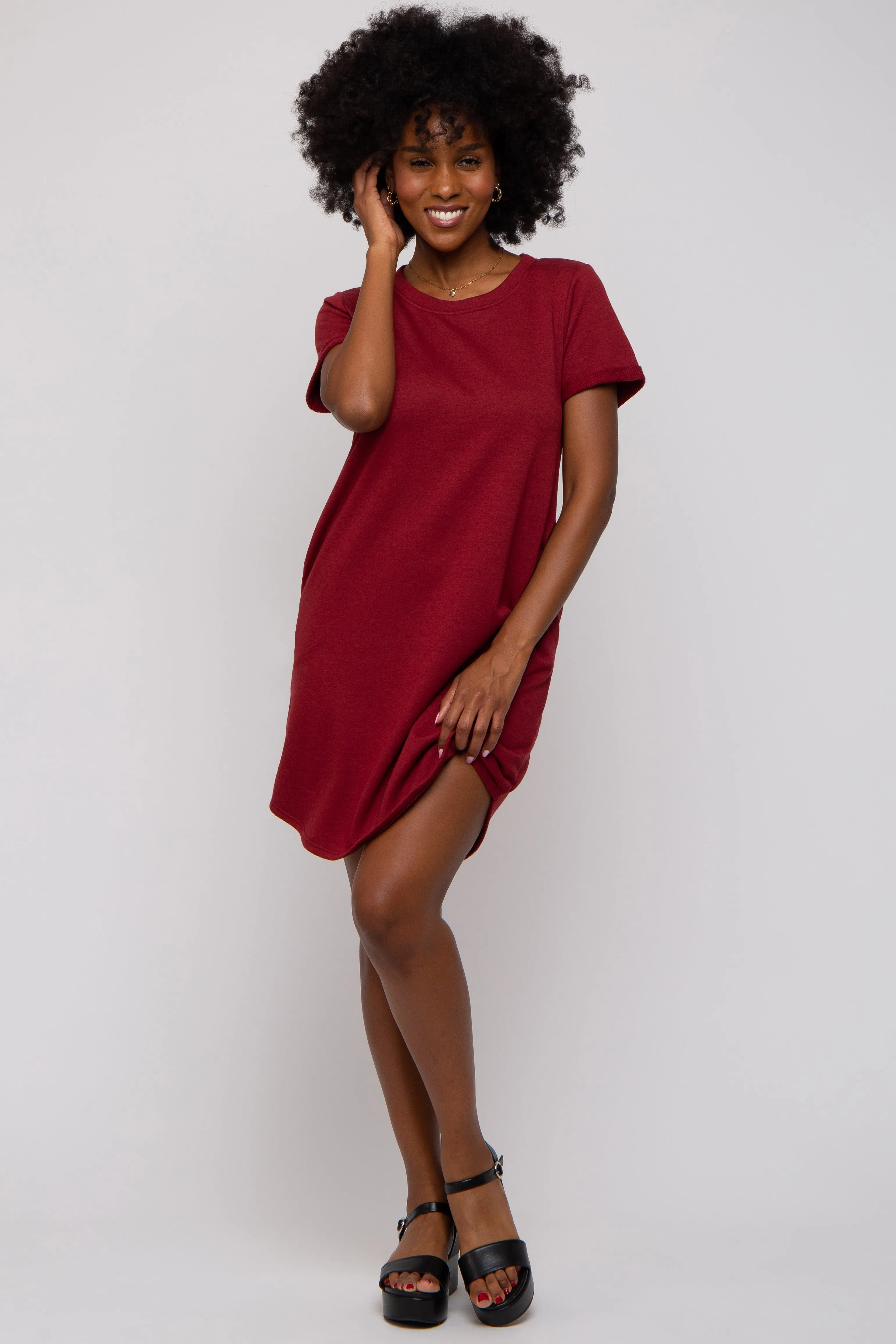Burgundy French Terry Cuffed Short Sleeve Dress sold by Pinkblush product image thumbnail 4