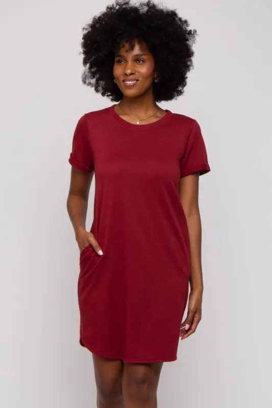 Burgundy French Terry Cuffed Short Sleeve Dress sold by Pinkblush