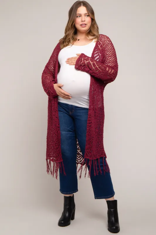 Burgundy Crochet Fringe Hem Maternity Plus Cardigan sold by Pinkblush