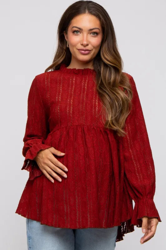 Red Lace Ruffled Neck Maternity Top sold by Pinkblush