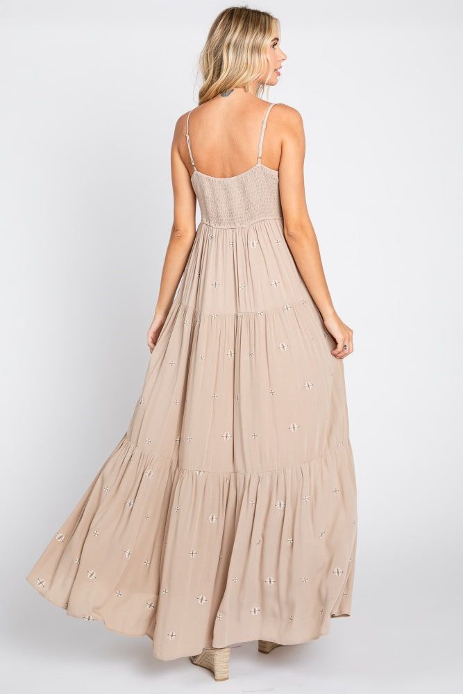 Light Mocha Floral Embroidered Tiered Maxi Dress sold by Pinkblush product image thumbnail 3