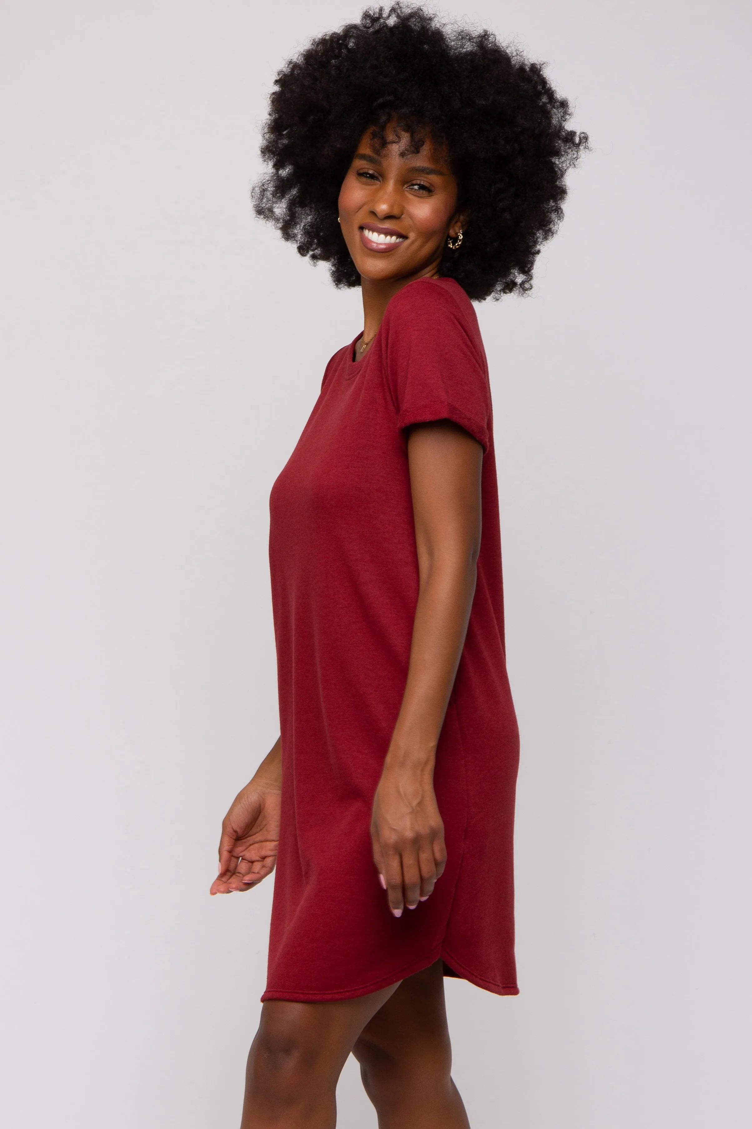 Burgundy French Terry Cuffed Short Sleeve Dress sold by Pinkblush product image thumbnail 2