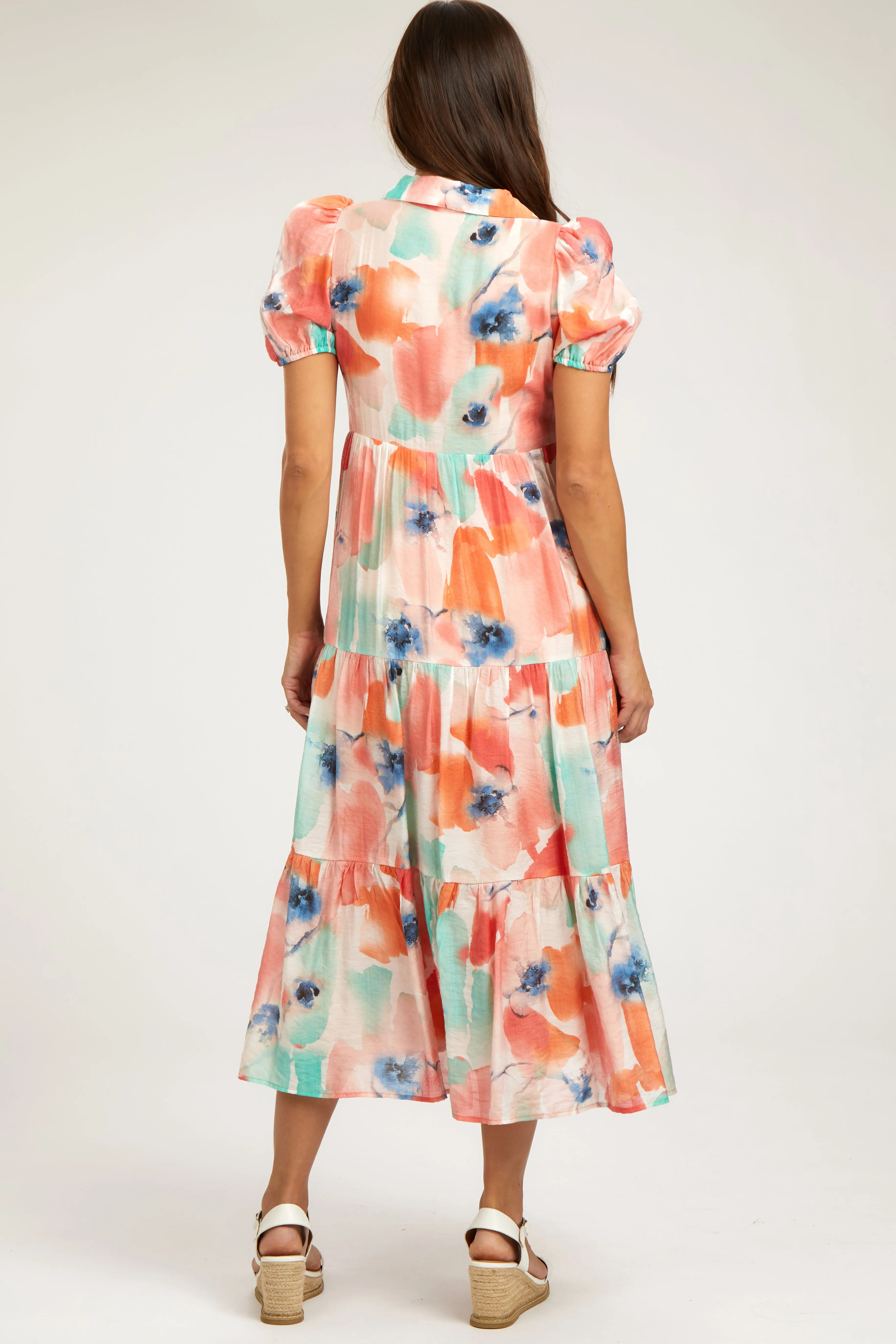 Aqua Floral Button Front Short Sleeve Tiered Maternity Midi Dress sold by Pinkblush product image thumbnail 4
